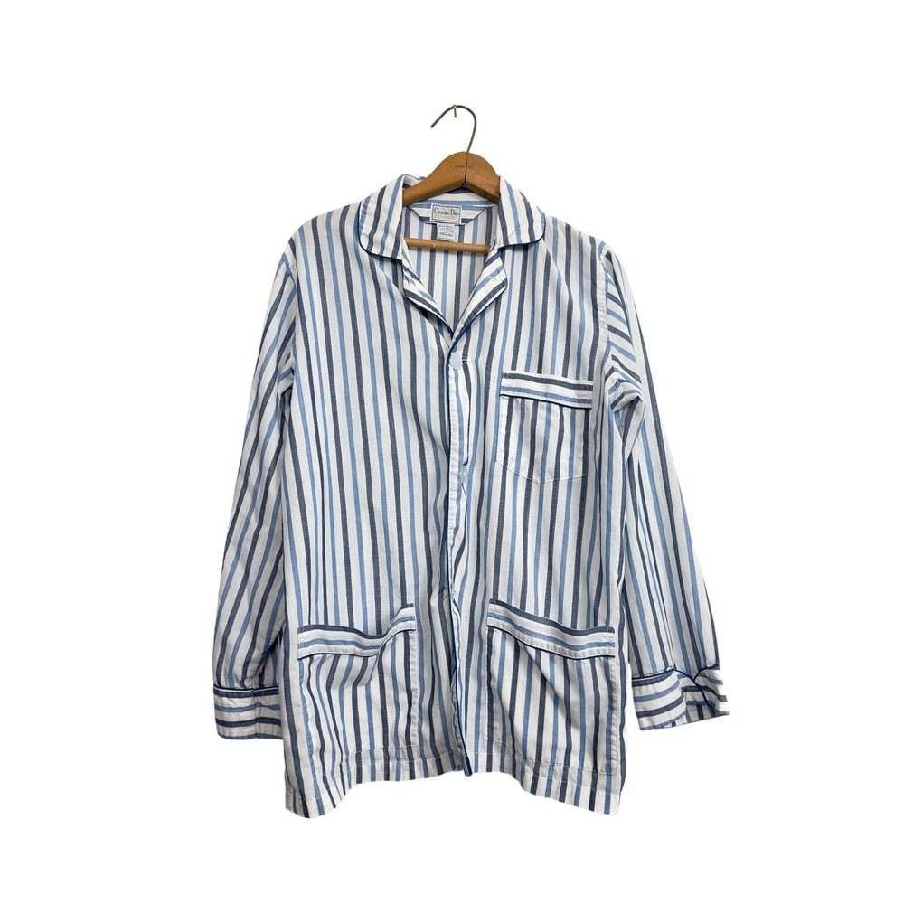 Y2K Christian Dior Le Connaisseur Blue & White Striped Pajama Shirt –‎ Size M
